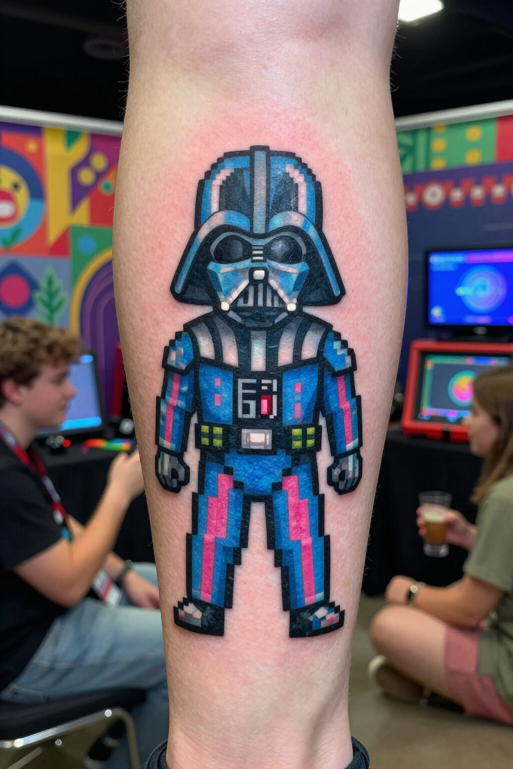Pixelated tattoo of Darth Vader in blue and pink.