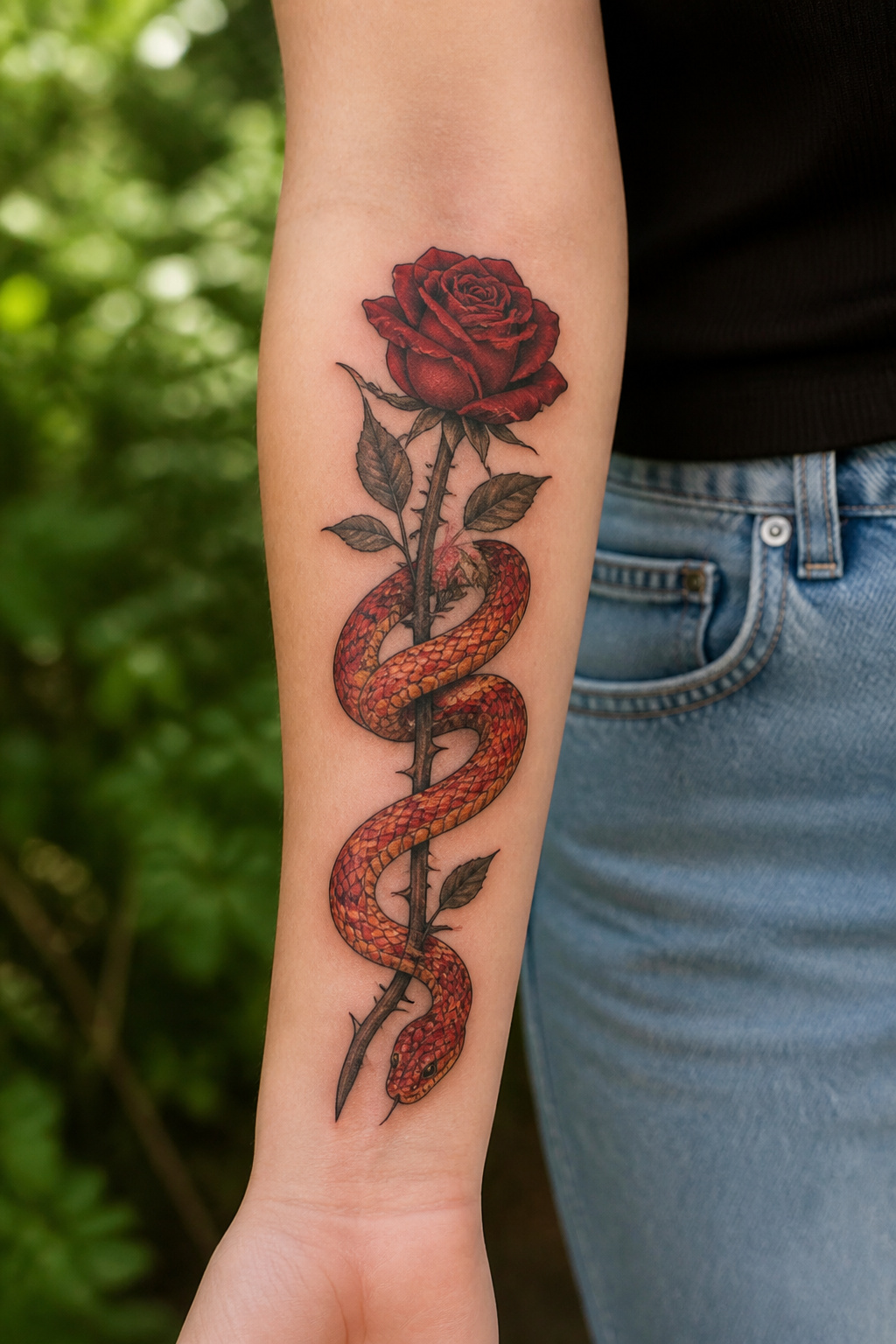 Corn snake coiled around a rose stem.