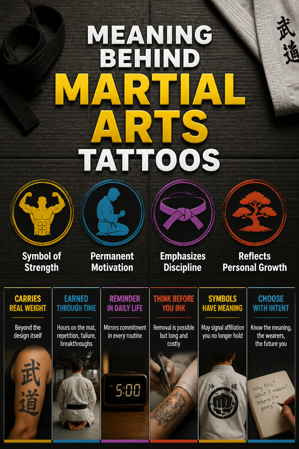 Martial Arts Tattoo Ideas: Karate Symbols, Black Belts and Personal Meaning 9 Information image about the meaning behind martial arts tattoos.