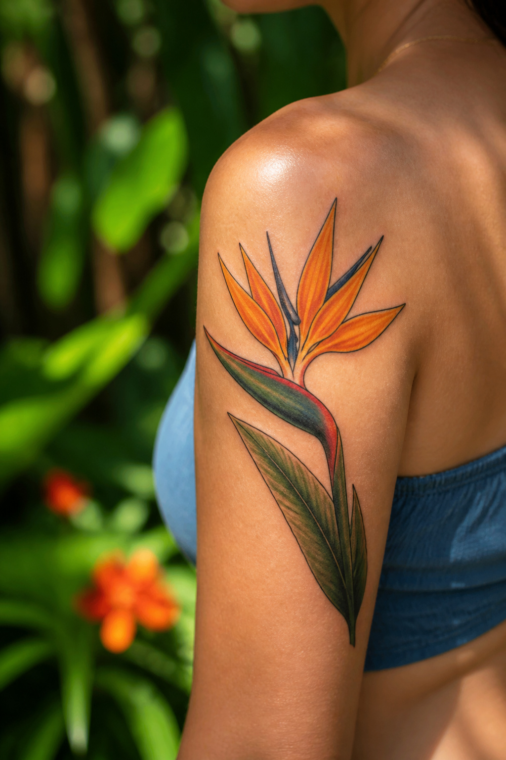 Bird of Paradise Tattoo: Meaning, Styles and Placement 9 Tattoo of a bird of paradise flower with striking orange and blue colors.