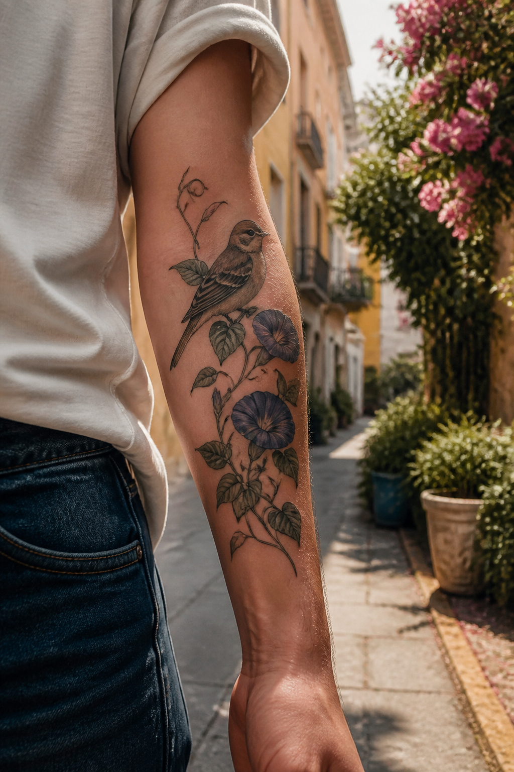 25 Morning Glory Tattoo Ideas for 2026 9 Tattoo of sparrow on morning glory vine on forearm.