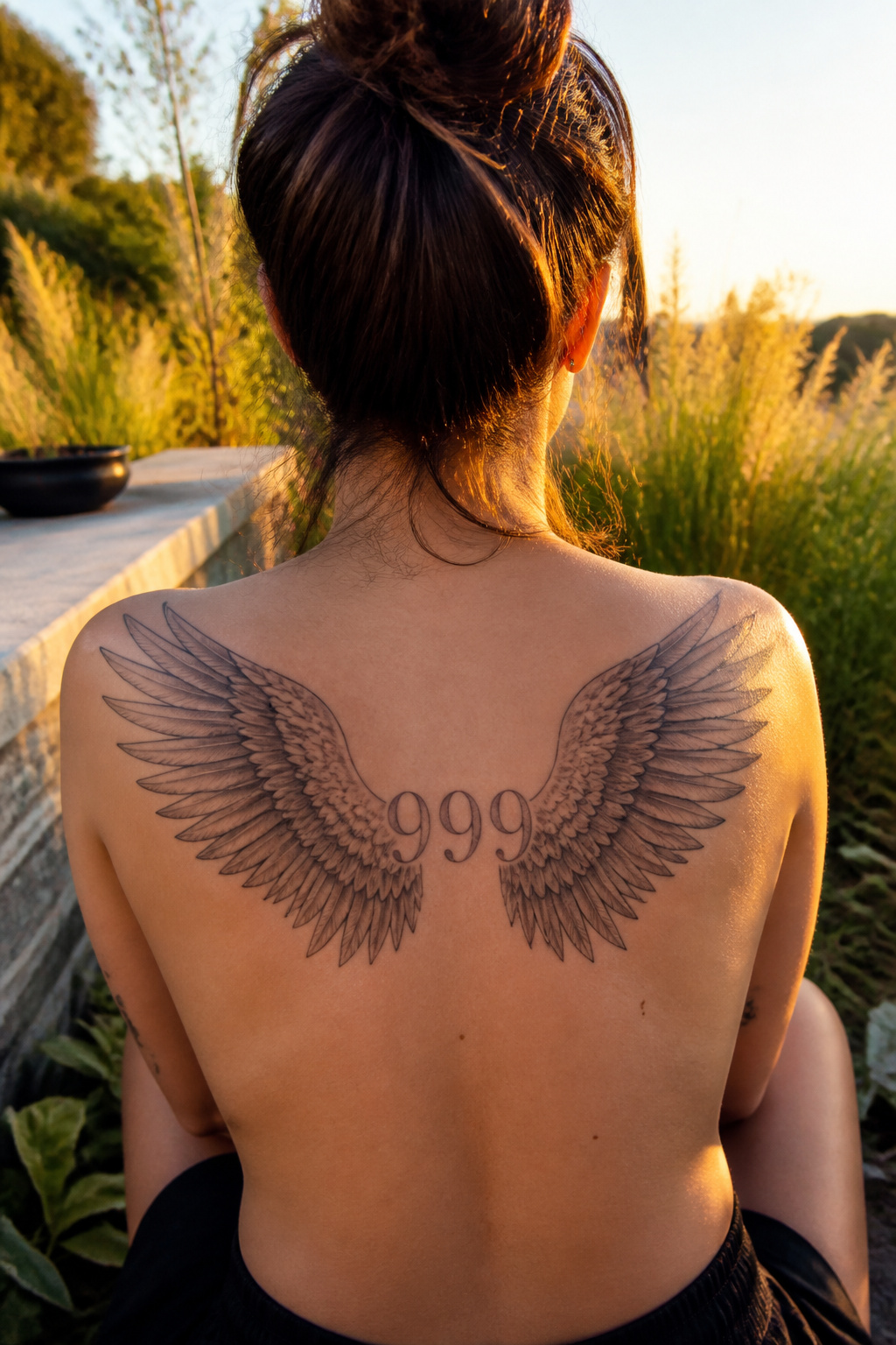 A 999 tattoo adorned with angel wings on a person's back.
