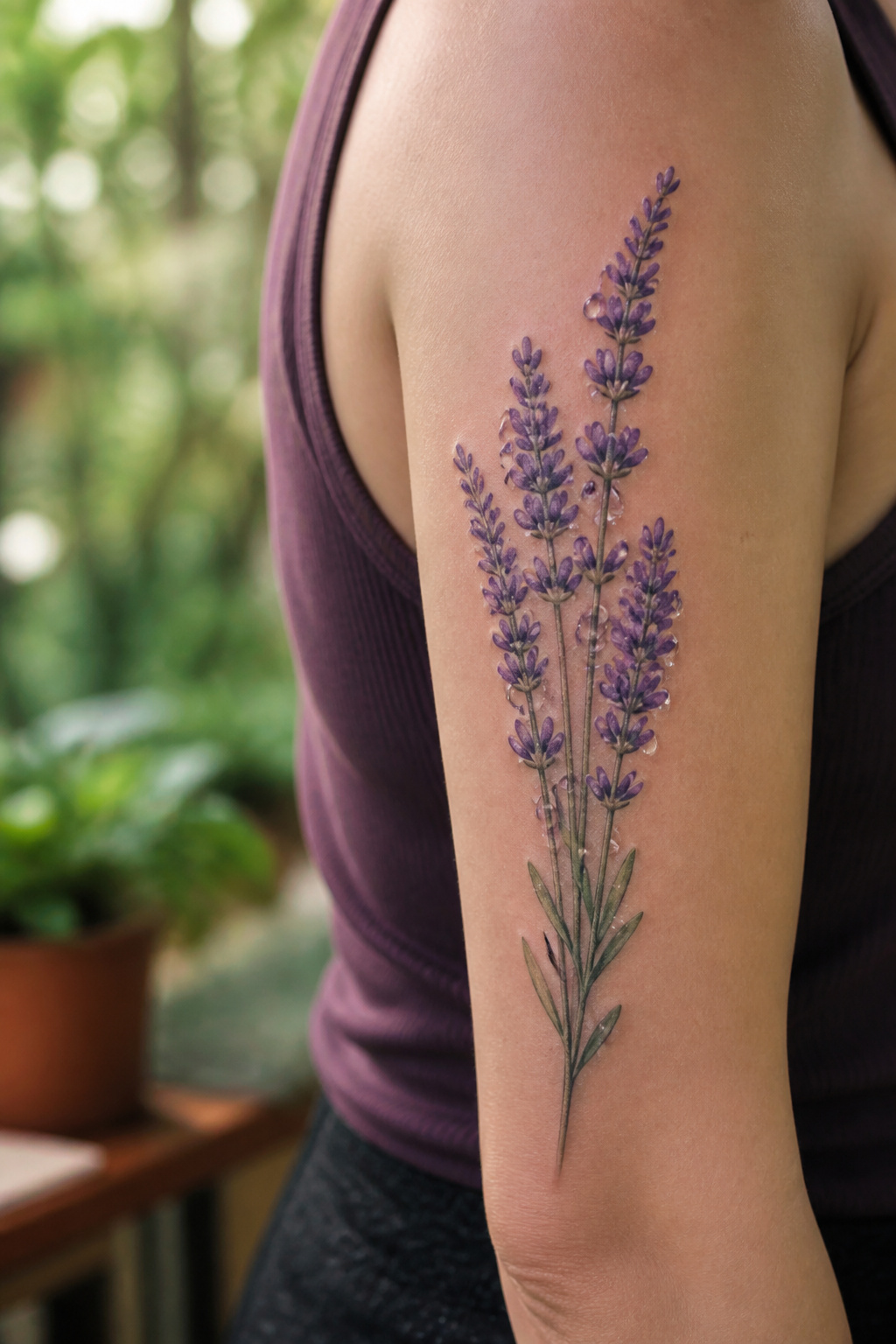 A close-up of lavender petals with dew drops on an upper arm.