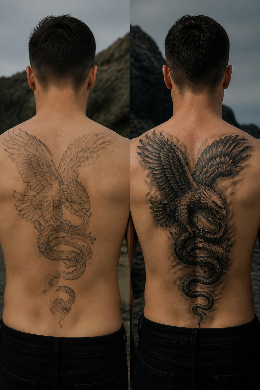 Eagle Tattoo Ideas for Men and Women: Designs and Styles 9 Eagle and snake tattoo depicting a fierce battle.