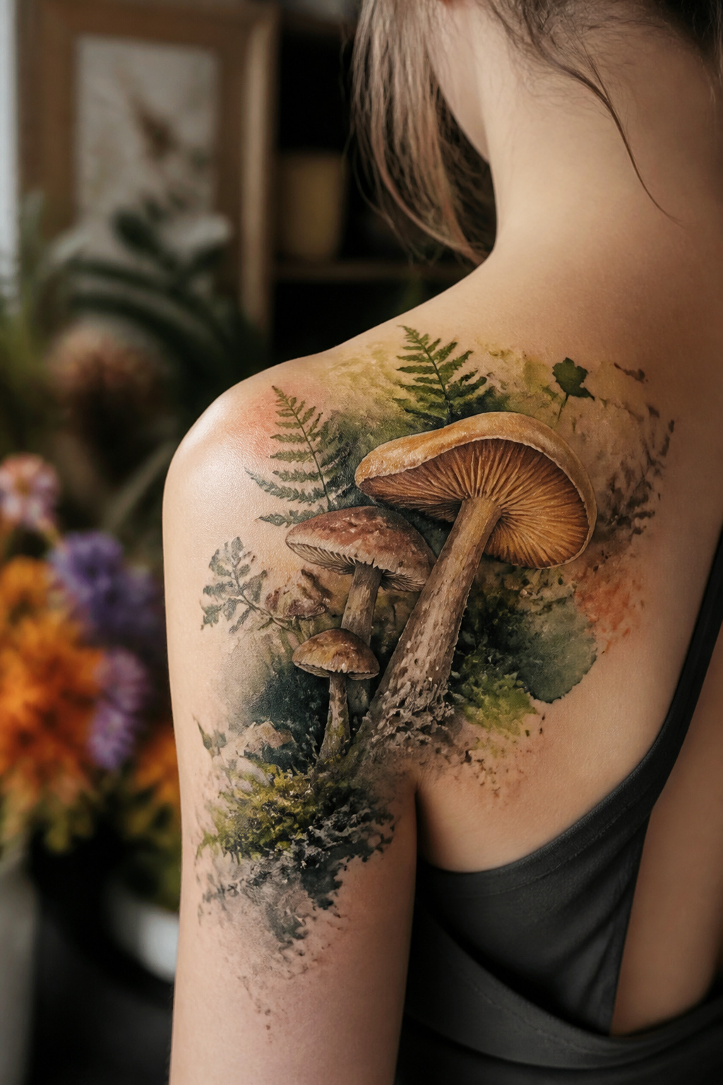 Watercolor mushroom tattoo with blended colors and soft edges.