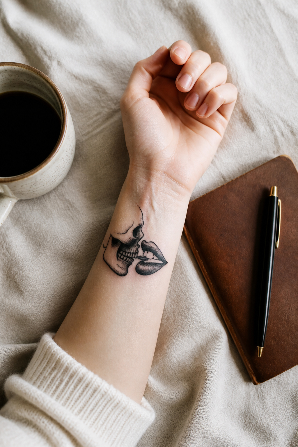 Kiss of Death Tattoo: Meanings, History & Design Ideas 9 A tattoo on a hand featuring a kiss of death design.