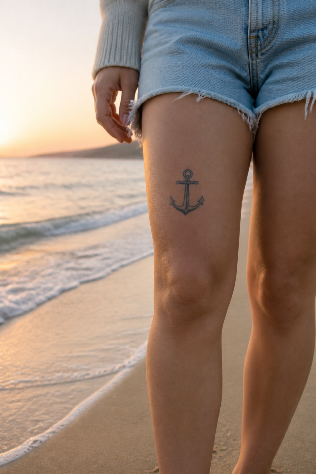 9 Above Knee Tattoo Styles for 2026: From Butterflies to Tribal 9 Anchor tattoo in blue ink on a model's thigh.