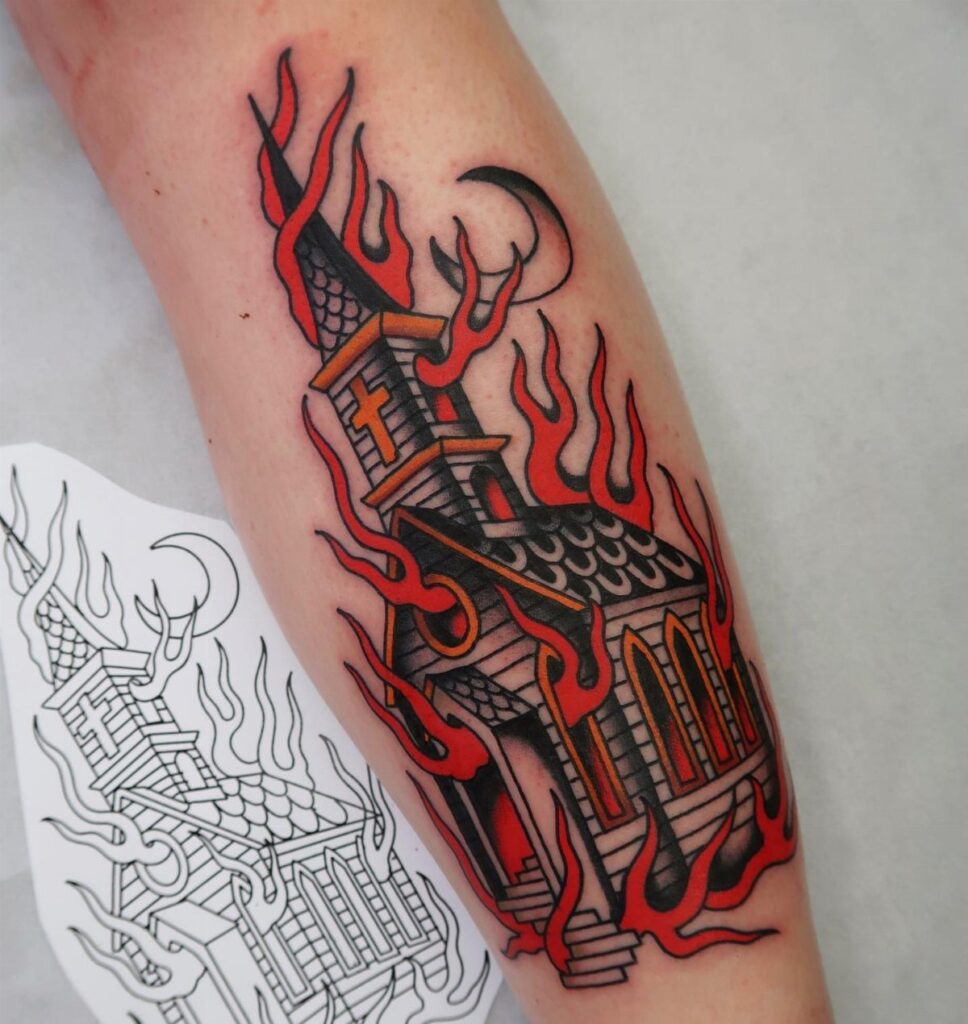 A vibrant tattoo of a burning church with red flames on a person's forearm.