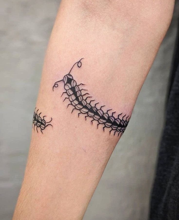 A fine line black ink centipede tattoo on a person's forearm skin.