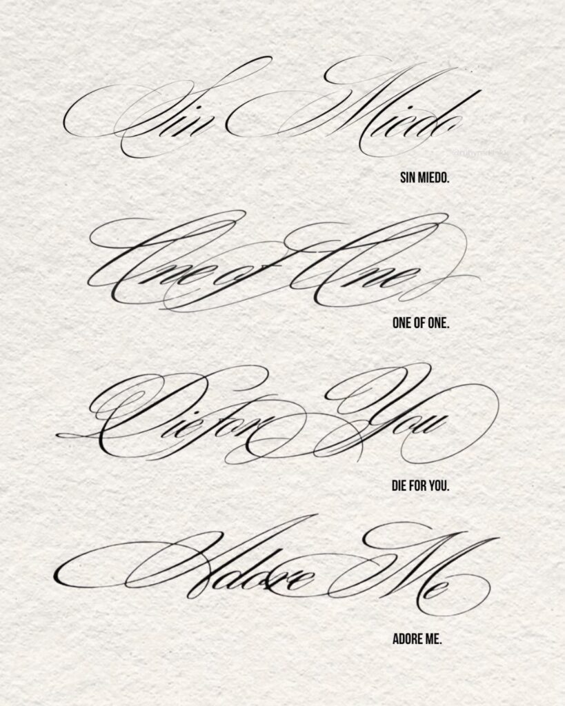 Four different examples of elegant black cursive calligraphy script on textured off-white paper.