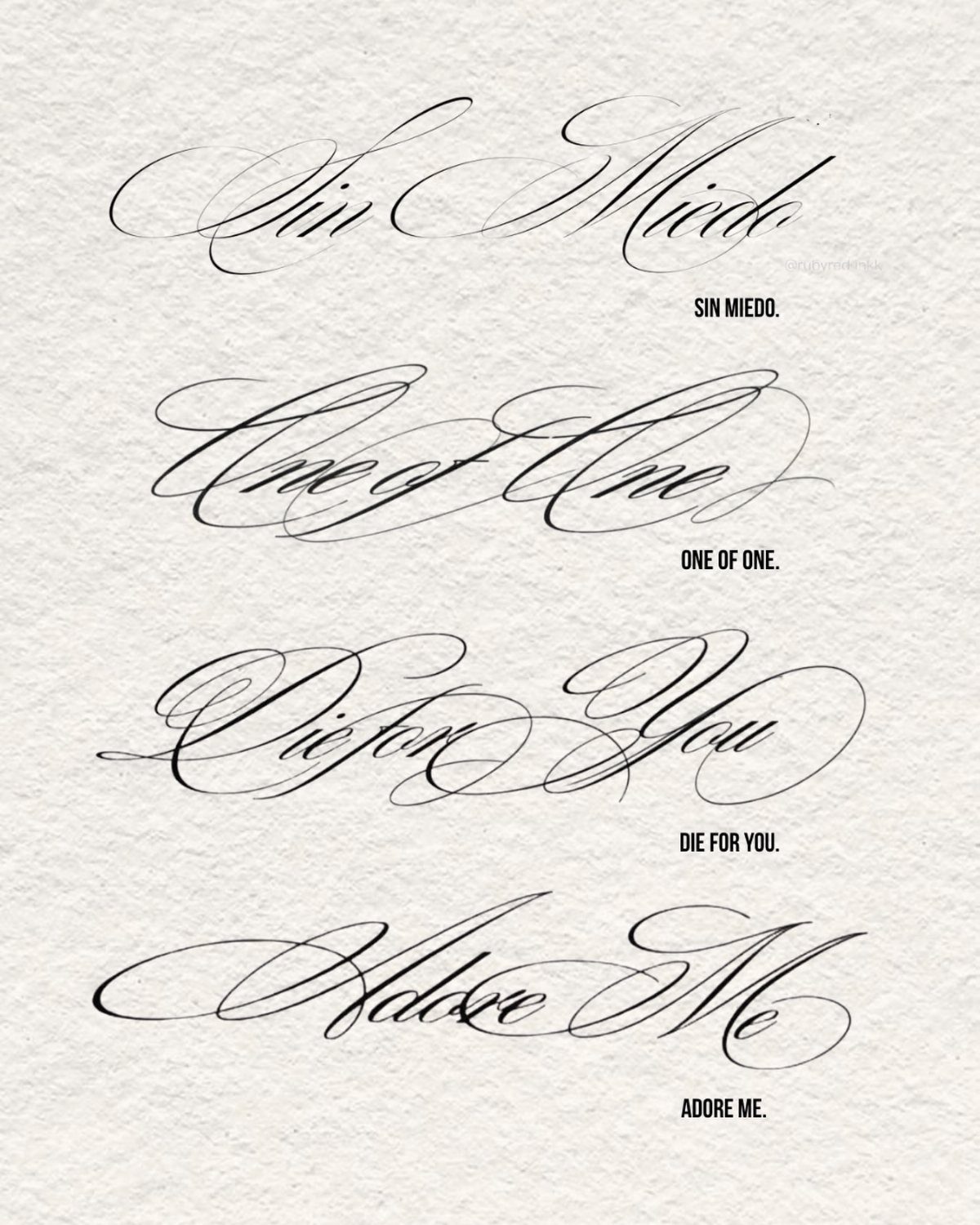 Four different examples of elegant black cursive calligraphy script on textured off-white paper.