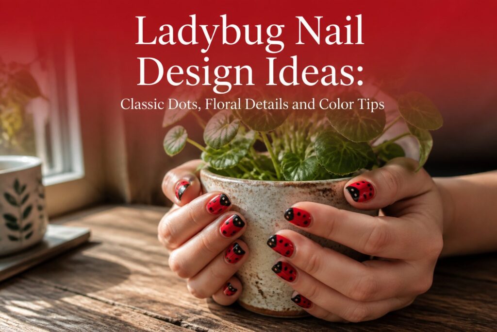 Various ladybug nail designs with red and black colors and floral accents.