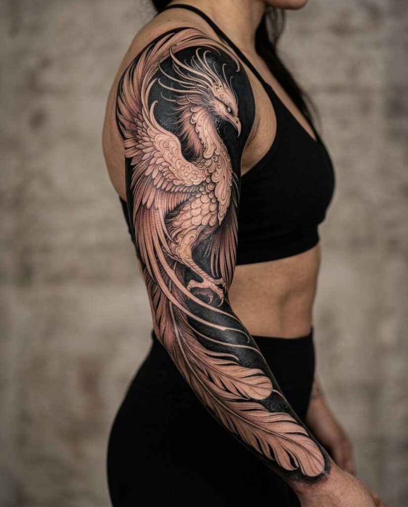 A large black and grey phoenix tattoo covering a person's entire arm.