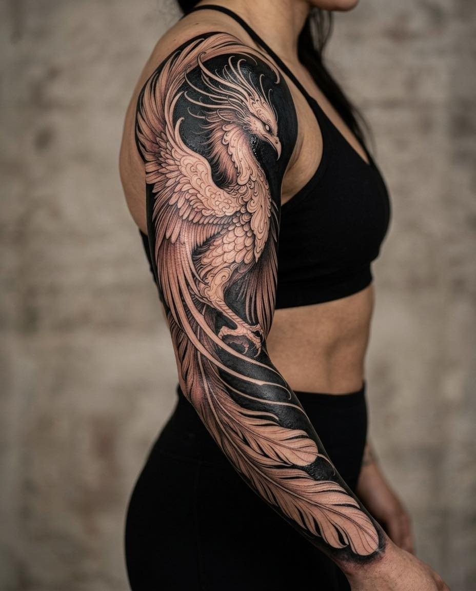 A large black and grey phoenix tattoo covering a person's entire arm.