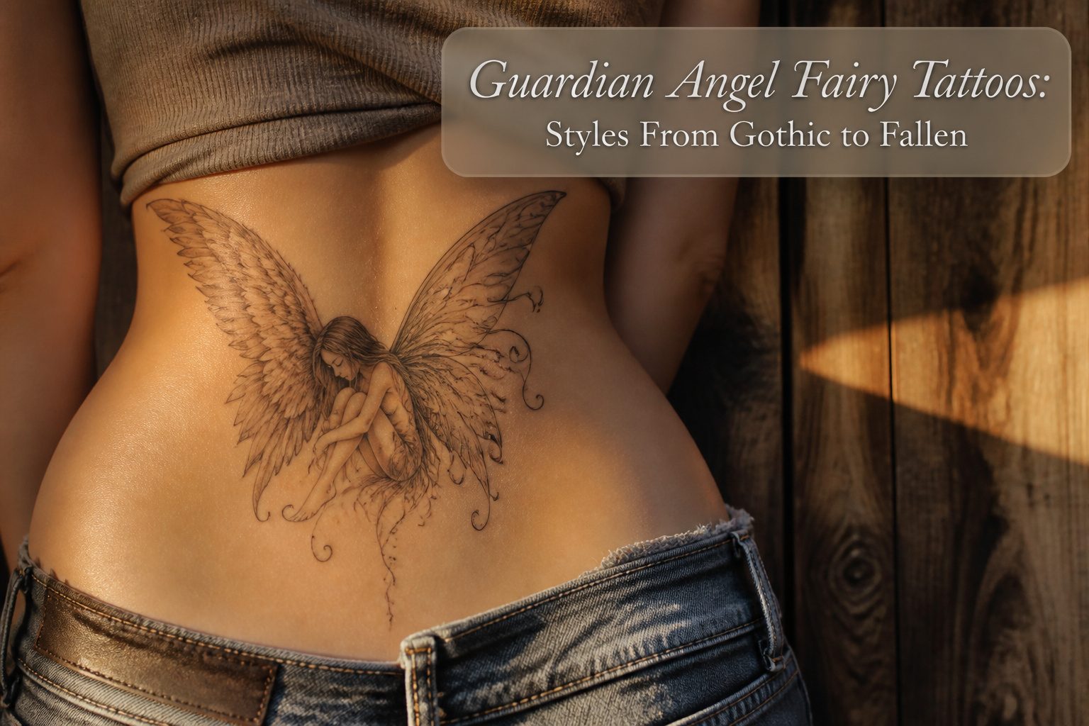 Different styles of guardian angel fairy tattoos displayed together.
