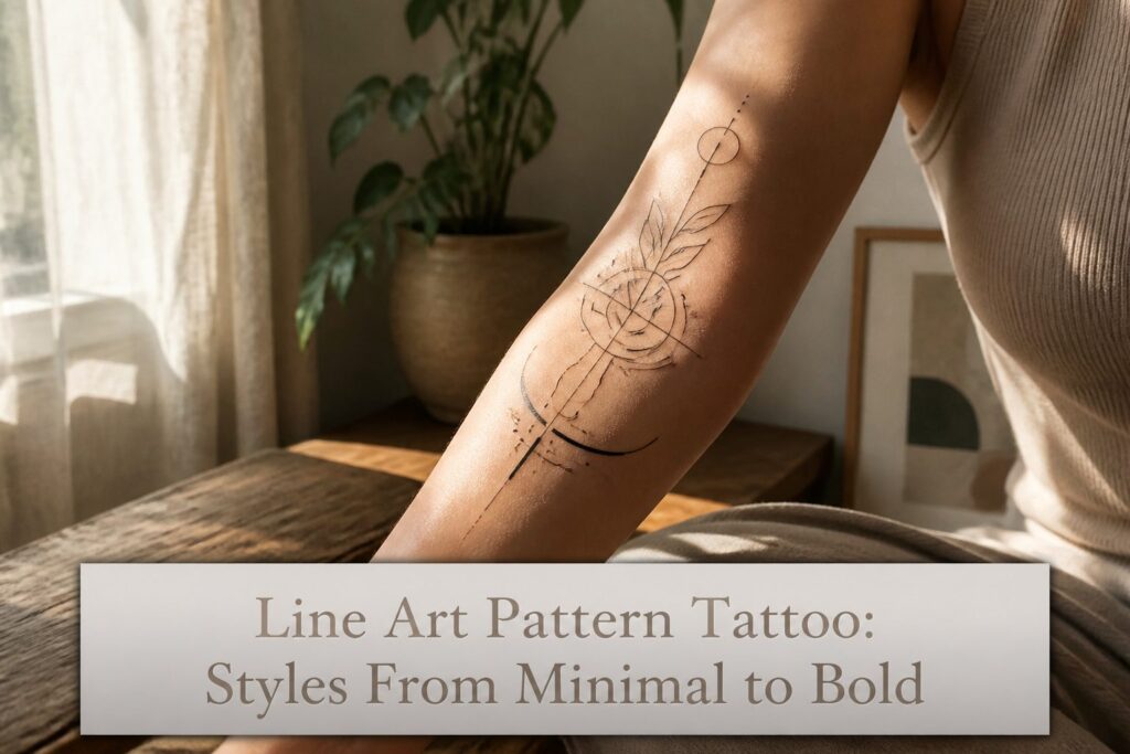 An abstract line art tattoo wrapping around a model's forearm.