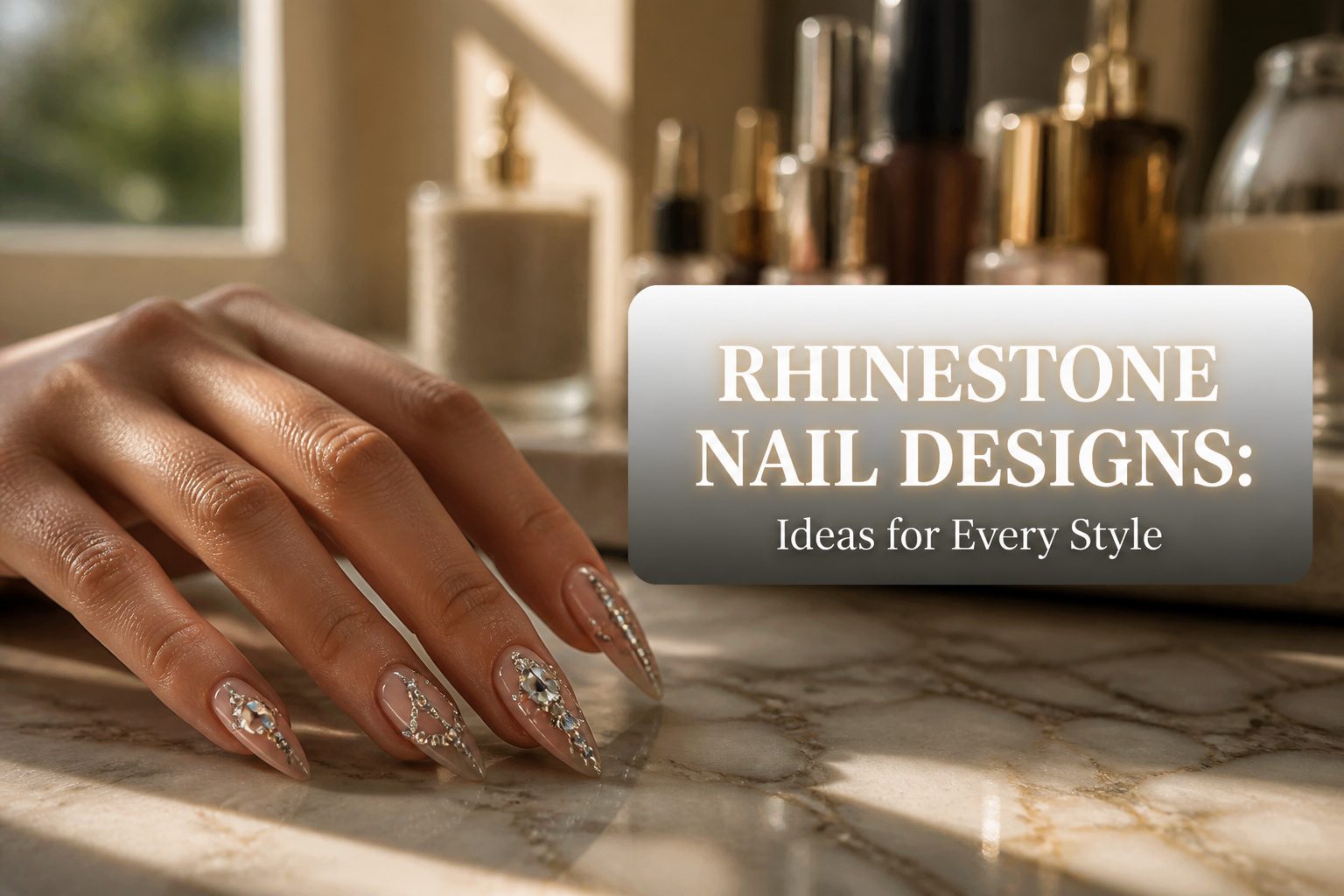 An array of nails featuring different rhinestone designs and colors.