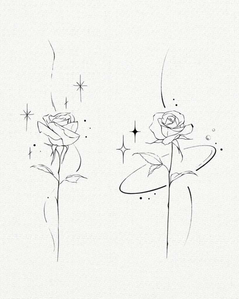 Two minimalist black ink line art rose drawings with delicate stems and decorative sparkles.