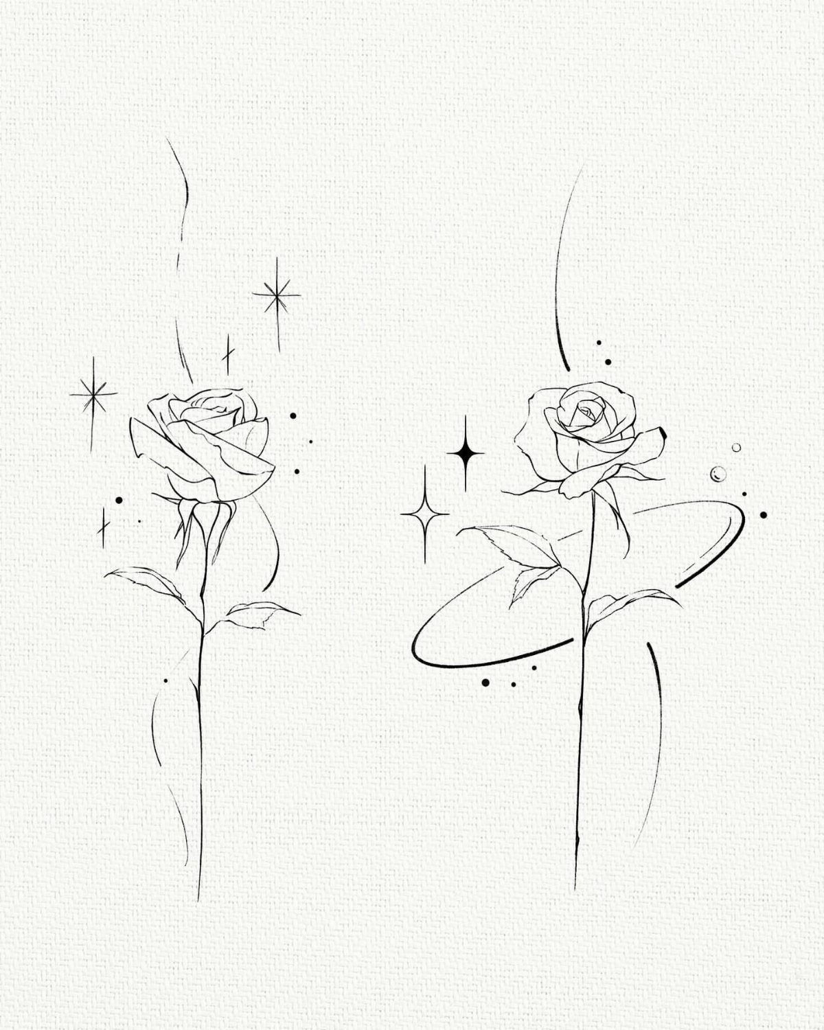 Two minimalist black ink line art rose drawings with delicate stems and decorative sparkles.