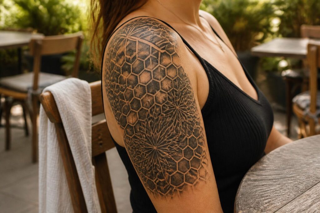 A woman looking at her shoulder tattoo in a mirror.