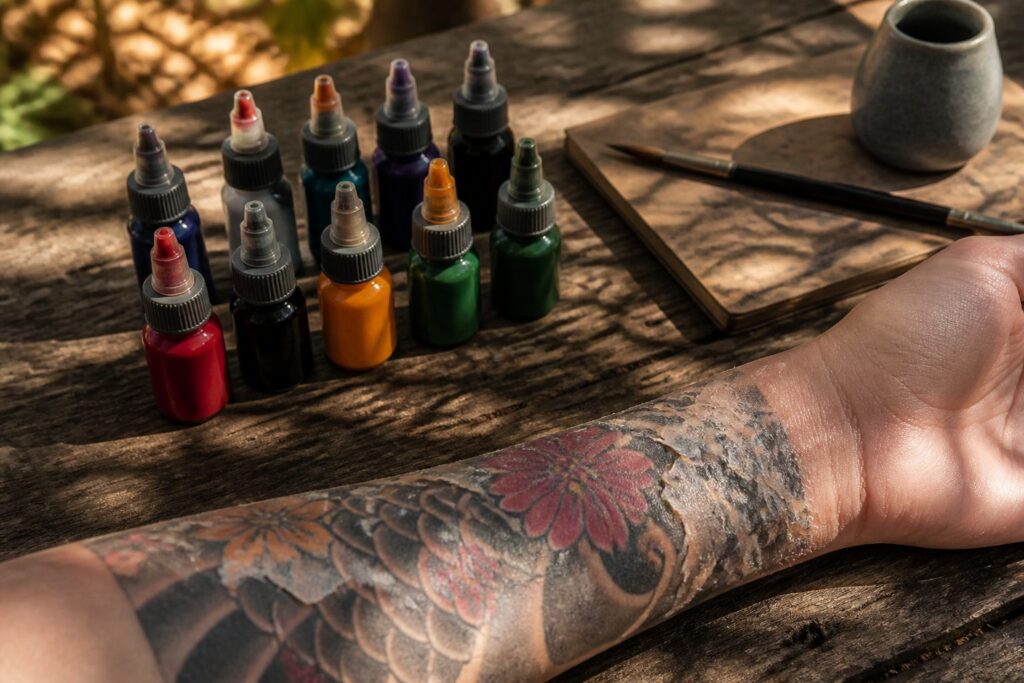 A close-up of a newly inked tattoo on the inner forearm.