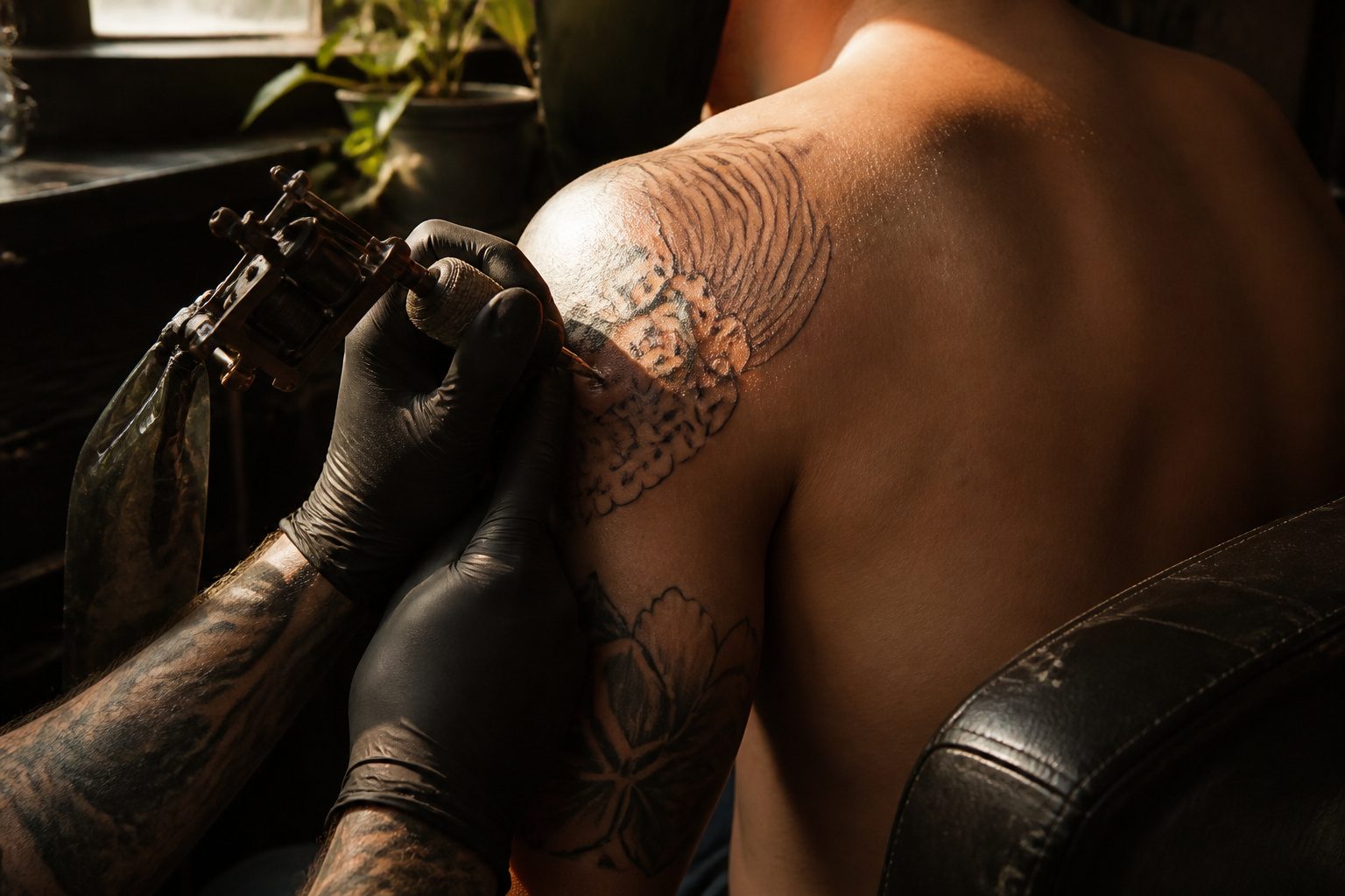 Multiple tattoos of various sizes on different skin areas.