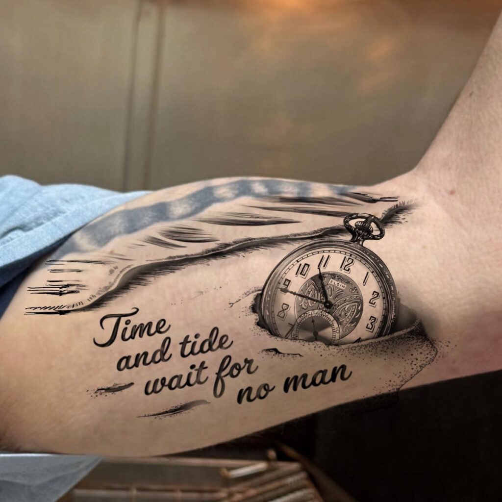 A black and grey tattoo of a pocket watch and ocean waves with cursive text on an arm.